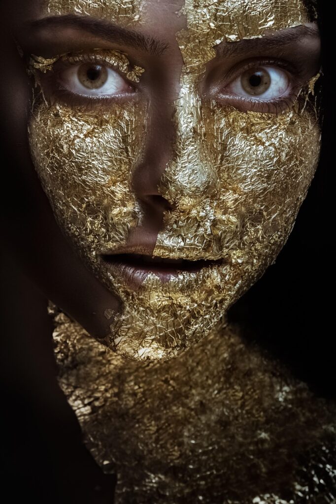 woman, beauty, girl, gold, face, person, portrait, young, look, makeup, make-up, style, fashion, mask, gold, gold, gold, gold, gold, mask